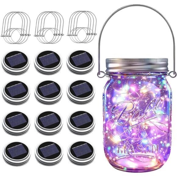 Solar Mason Jar Lights [Upgraded], 12 Pack 30 LED Firefly Fairy String Lights - Picture 1 of 7
